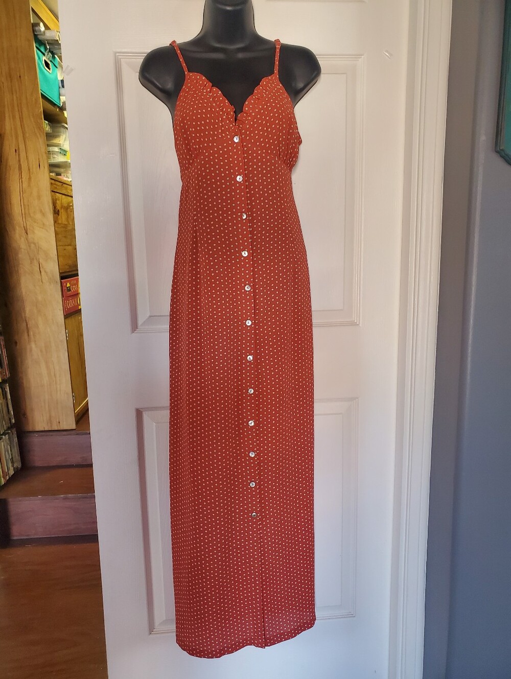 Sleeveless Spaghetti Strap Rust Polka Dot Maxi Dress‎ Beachy Bohemian Sweetheart
